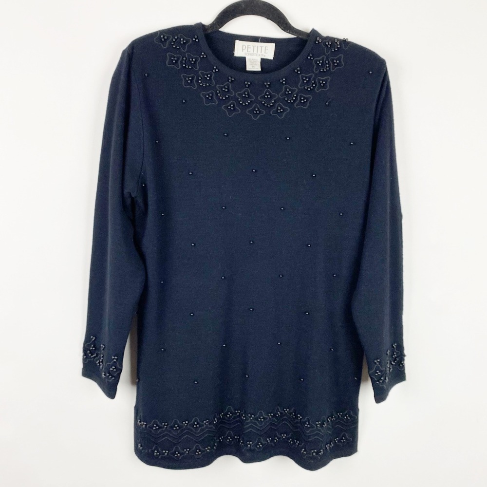 Vintage Petite Sophisticate Black Beaded Sweater Long Sleeve Knit Top Womens MP